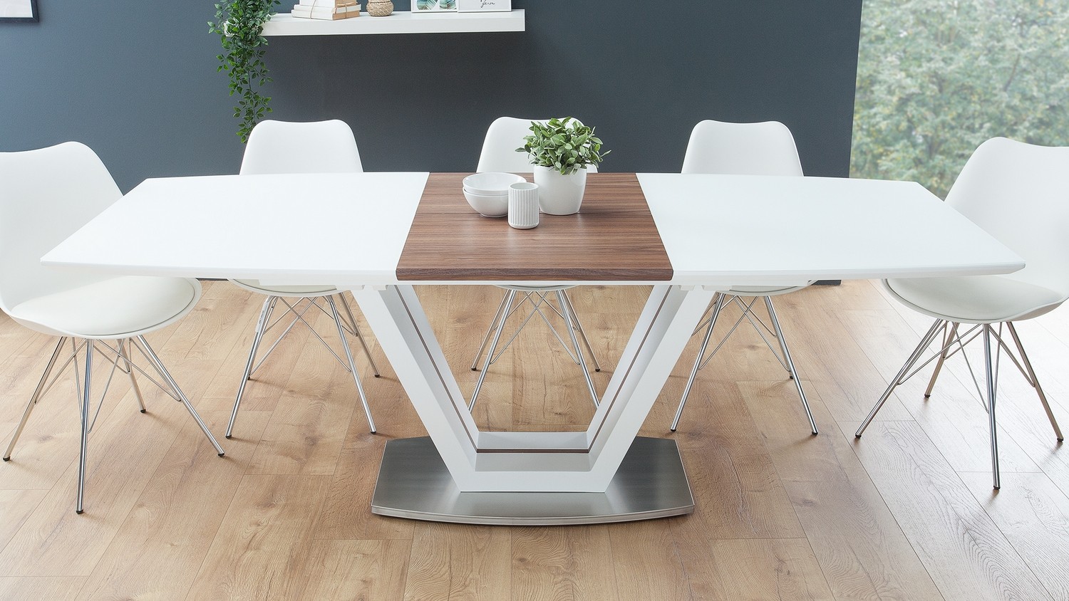 Table de salle à manger bois blanc brillant et verre Rory - GdeGdesign