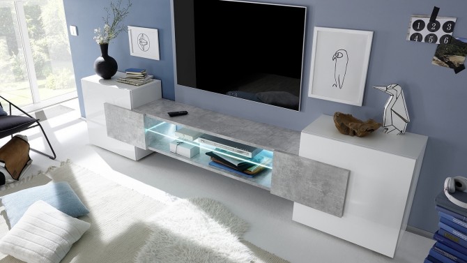Meuble TV LED couleur béton et laqué blanc - Oman