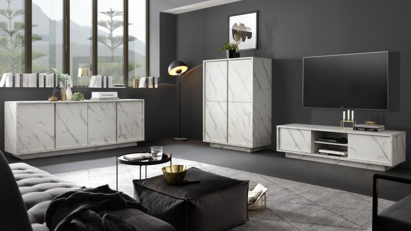 Meuble TV design Valmelia L150cm Or, Blanc et Effet marbre Blanc