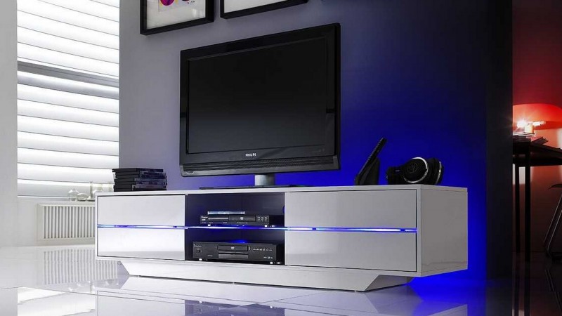 Meuble télévision moderne laqué blanc 4 tiroirs LED RGB - GdeGdesign