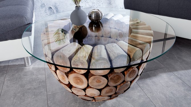 Table de salon authentique en bois et verre - Ezio