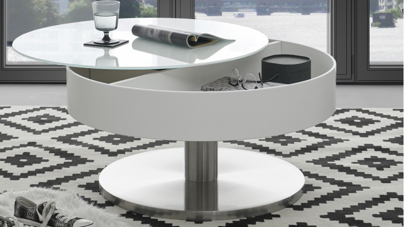 Table basse ronde blanc mat et inox plateau verre Canton - GdeGdesign
