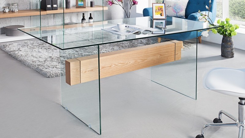 Met name Blauw hamer Bureau droit en verre trempé transparent avec bois June - GdeGdesign