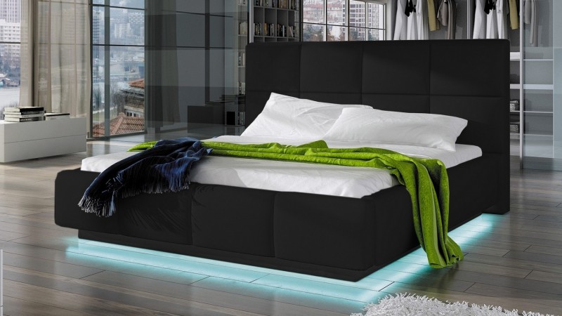 Grand lit 200x200 cm en simili cuir noir avec LED Winston - GdeGdesign