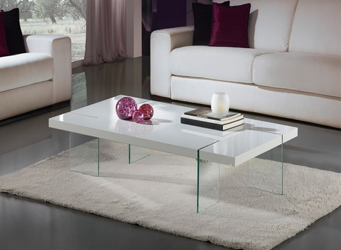 Table basse rectangulaire laquée blanche avec piètement en verre - Belfast